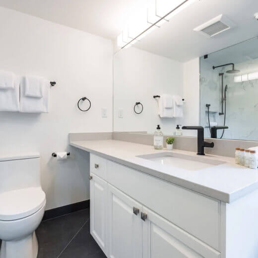 Modern bathroom with white vanity, dark fixtures, and glass shower.